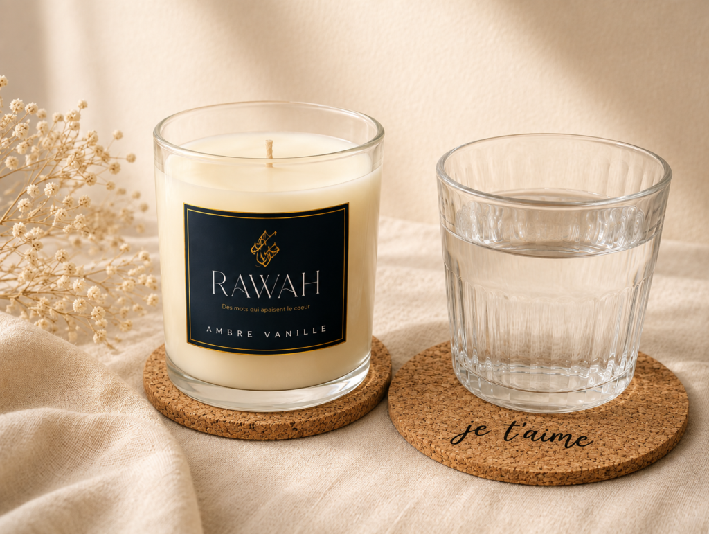 Bougies artisanales personnalisées et sous verres personalisées Rawah